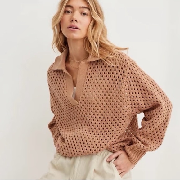 aerie Sweaters - Aerie Women's Boho Coastal Creamy White 100% Cotton Open Knit Polo Sweater MD